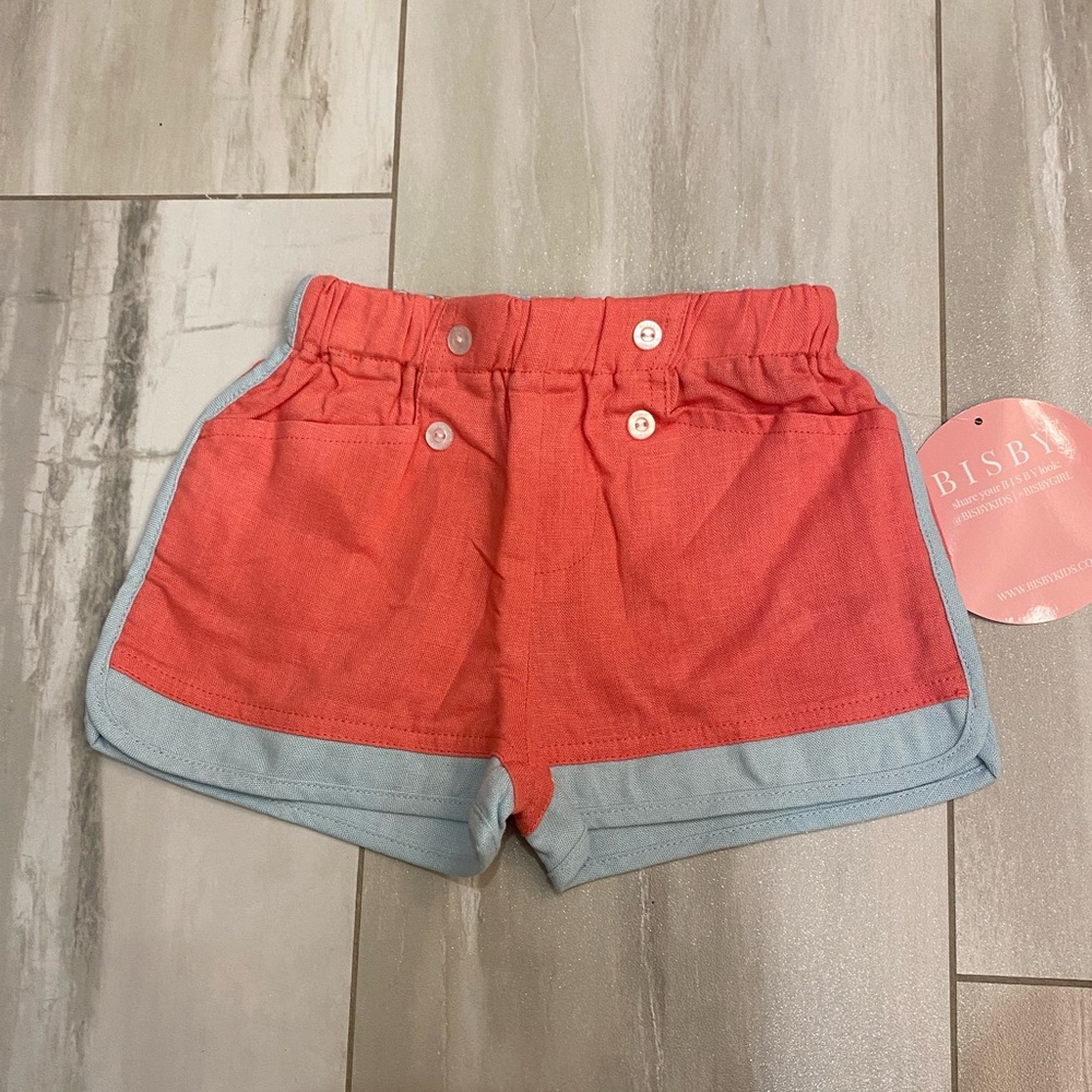 NWT Bisby Little English Coral and Blue Linen Nautical Sailor Shorts, girls 5